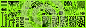 Rave psychedelic acid set with smile stickers. Trippy illustrations in trendy weird 90s style.