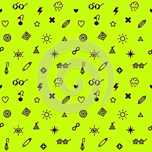 Rave, punk and glam symbols seamless vector pattern in black and neon yellow green color