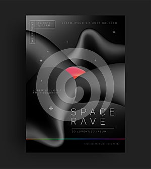 Rave or techno music party or concert flyer or poster design template with abstract black liquid geometric shapes. Vector