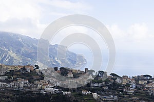 Ravello, Amalfi coast, Salerno, Italy. view of the town with the Lattari mountains