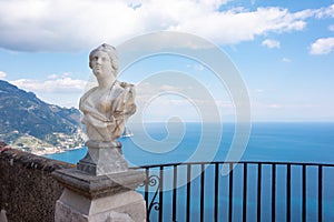 Ravello, Italy. Terrace of villa Cimbrone with marble statues over sea overlooking Amalfi coast