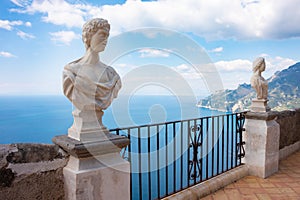 Ravello, Italy. Terrace of villa Cimbrone with marble statues over sea overlooking Amalfi coast