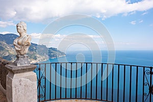 Ravello, Italy. Terrace of villa Cimbrone with marble statues over sea overlooking Amalfi coast