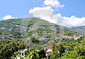 Ravello old Italian town beautiful green landscape urban panorama cityscape blue sky background