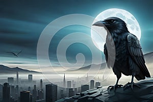 raven bird behind of moon