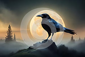 raven bird behind moon