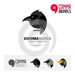 Raven bird concept icon set and modern brand identity logo template and app symbol based on comma sign