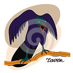 Raven on the branch. Vector isolated illustration.
