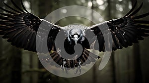 raven captured in midflight in a northern forest photo