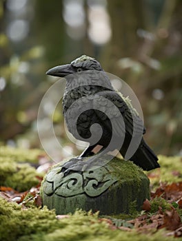 A raven caws from atop a mossy avestone its beady eyes scanning the fogdrenched aveyard. Gothic art. AI generation