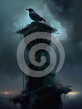 A raven croaks from the top of a tall looming tower its haunting call echoing through the night. Gothic art. AI