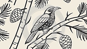 Raven Or Crow On Pine Branch With Cones Wildlife Bird Vector Sketch, vector design Generative AI photo