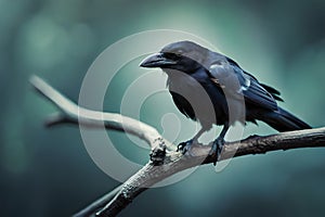 raven bird sit on tree stick photo