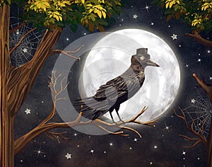 Raven in a moonlight in a dark forest