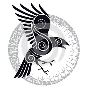 The Raven of Odin in a Celtic style and design runic circle