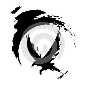 Raven painted in ink. Flying Crows. Grunge. Silhouette of a crow on a light background. Brush stroke and texture. Vector design