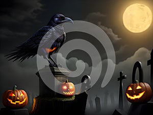 raven perched in grave with halloween pumpkin and yellow moon background ai generated