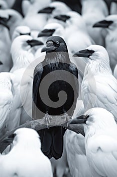 Raven perched among white birds, monochrome