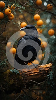 Raven\'s Reverie Vintage Elegance Captured in a Still Life Advertising Photograph on a Desolate Tree Branch