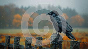 A raven sits on a fence on a gloomy November day against a stormy sky.