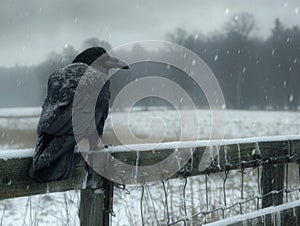 A raven sits on a fence on a gloomy winter day against a stormy sky.