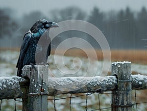 A raven sits on a fence on a gloomy winter day against a stormy sky.