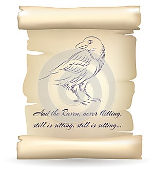 Raven sketch on paper scroll inspired by Edgar Allan Poe poetry vector illustration