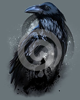 Raven and wolf that howls at the moon