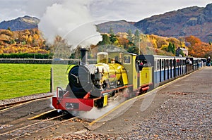 Ravenglass & Eskdale Railway locomotive Northern Rock leaving Dalegarth station.