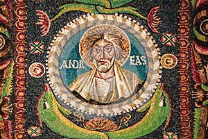 Ravenna, Italy - Inside View of the Mosaic of Apostle St. Andrew in San Vitale Basilica UNESCO World Heritage