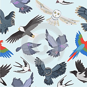 Ravenous birds seamless pattern, vector illustration. Owls, eagle, parrot and raven with dove. Realistic cartoon birds photo