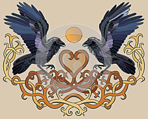 Ravens pair and heart Celtic ornament