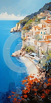 Mediterranean Neighborhood: A High-detailed Painting Of Azure And Amber Beach