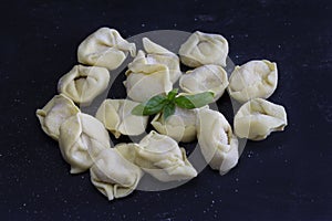 Ravioli with basil on floury dark background. Italian homemade healthy food concept.Process of making italian pesto ravioli