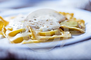 Ravioli fresh pasta dish with cheese sauce and oregano