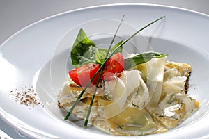 Ravioli with parmesan cheese, herbs and cherry tomatoes on a white plate. Italian ravioli tortellini