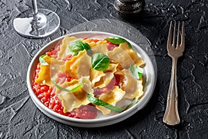 Ravioli with tomato sauce and fresh basil leaves on a plate, Italian pasta dish