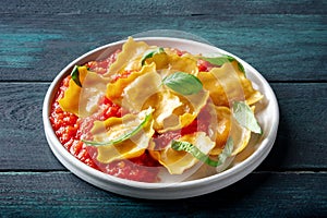 Ravioli with tomato sauce and fresh basil leaves on a plate, Italian pasta dish