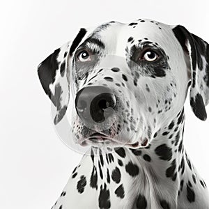 Ravishing adorable dalmatian dog portrait on white isolated background.