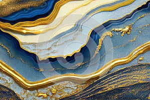 Ravishing blue and golden acrylic liquid ink swirl abstract background.