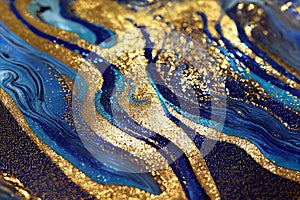 Ravishing blue and golden acrylic liquid ink swirl abstract background.