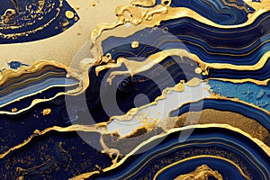 Ravishing blue and golden acrylic liquid ink swirl abstract background.