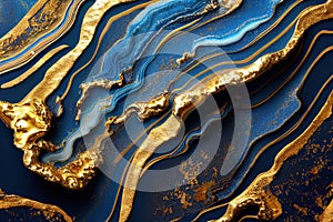 Ravishing blue and golden acrylic liquid ink swirl abstract background.