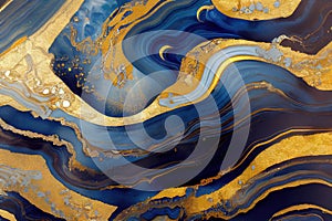 Ravishing blue and golden acrylic liquid ink swirl abstract background.