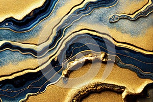 Ravishing blue and golden acrylic liquid ink swirl abstract background.
