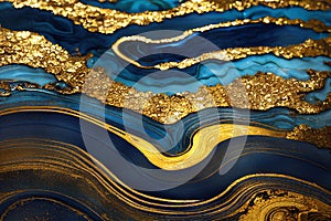 Ravishing blue and golden acrylic liquid ink swirl abstract background.