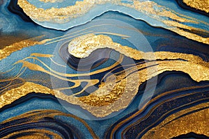 Ravishing blue and golden acrylic liquid ink swirl abstract background.