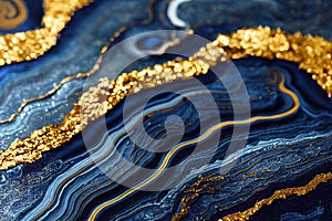 Ravishing blue and golden acrylic liquid ink swirl abstract background.