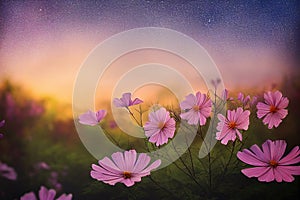 Ravishing closeup flower scenery in natural landscape with starry night sky.