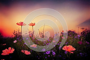 Ravishing closeup flower scenery in natural landscape with starry night sky.